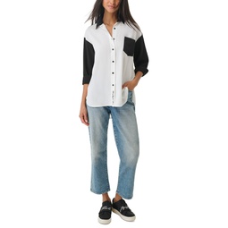 Womens Colorblocked Button-Up Blouse
