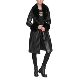 Womens Faux-Fur-Trim Faux-Leather Coat