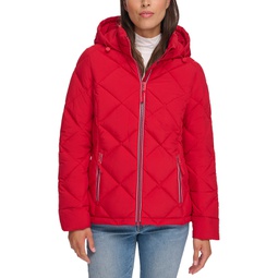 Womens Diamond Quilted Hooded Packable Puffer Coat