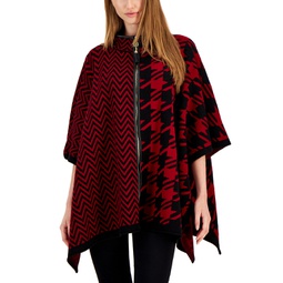 Womens Houndstooth Mixed-Print Zip-Up Cape Sweater