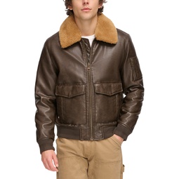 Mens Faux-Fur-Trim Faux-Leather Bomber Jacket