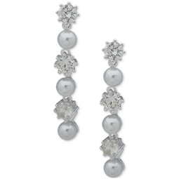 Silver-Tone Imitation Pearl & Crystal Flower Linear Drop Earrings
