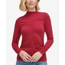 Womens Mock-Neck Shirred-Front Top