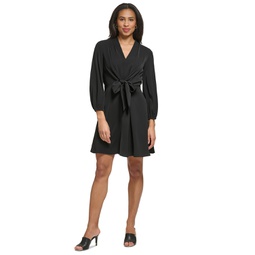 Womens V-Neck Tie-Front Long-Sleeve Crepe Dress