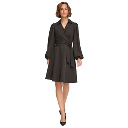 Womens Collared V-Neck Balloon-Sleeve Belted Dress