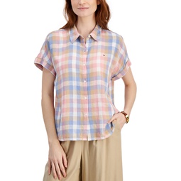 Womens Plaid Short Dolman-Sleeve Camp Shirt