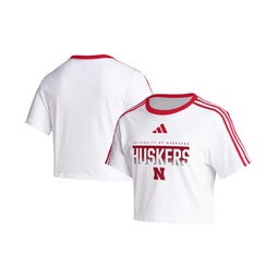 Womens White Nebraska Huskers Three-Stripes Cropped T-shirt