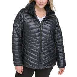 Plus Size Hooded Faux-Fur-Trim Quilted Coat