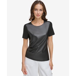 Womens Mixed-Media Side-Ruched Short-Sleeve Crewneck Top