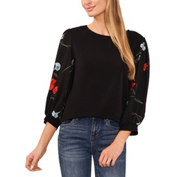 Womens 3/4-Sleeve Mixed Media Floral Sleeve Top