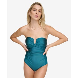 Womens Shirred Tummy-Control Split-Cup Bandeau One-Piece Swimsuit