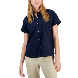 Womens Cotton Tonal-Plaid Button Shirt
