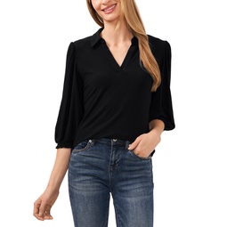 Womens Collared V-Neck Puff Shoulder 3/4-Sleeve Top