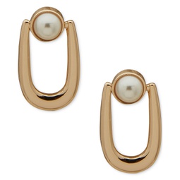 Gold-Tone Link & Imitation Pearl Open Stud Earrings