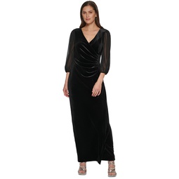 Womens Side-Ruched Chiffon-Sleeve Velvet Gown