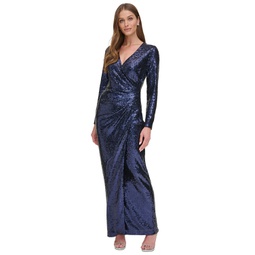 Womens Long-Sleeve Side-Ruched Sequin Gown