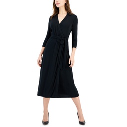 Womens Faux-Wrap Collared Midi Dress
