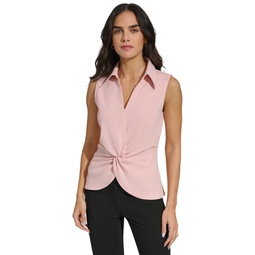 Womens Collared Twist-Front Sleeveless Top