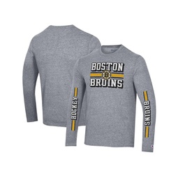 Mens Heather Gray Distressed Boston Bruins Tri-Blend Dual-Stripe Long Sleeve T-shirt