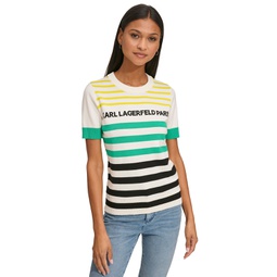 Womens Multi-Color Striped Logo Sweater