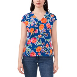 Womens Floral V-Neck Cap Sleeve Knit Top
