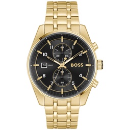 BOSS Mens Skytraveller Quartz Fashion Chrono Ionic Plated Thin Gold-Tone Steel Watch 44mm