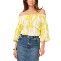 Womens Printed Off-The-Shoulder Blouson-Sleeve Top