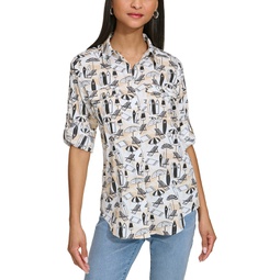 Womens Whimsical-Print Roll-Tab Button-Front Top