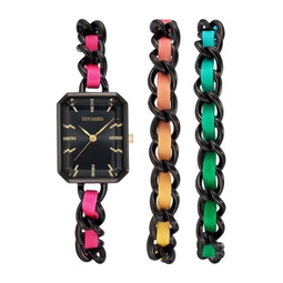 Womens Rainbow Polyurethane Leather Strap with Attached Black-Tone Chain Watch Set 22X28mm