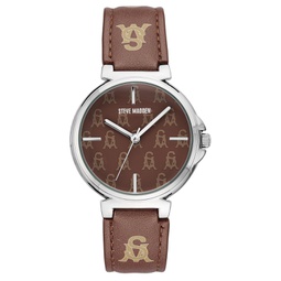 Womens Dual Colored Dark Brown and Light Brown Polyurethane Leather Strap with Steve Madden Logo and Stitching Watch 36mm