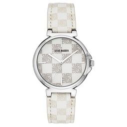 Womens Dual Colored White and Cream Polyurethane Leather Strap with Steve Madden Logo in Checkered Pattern and Stitching Watch 36mm