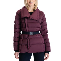 Womens Stretch Asymmetrical Belted Down Puffer Coat