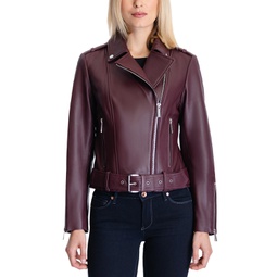 Womens Belted Leather Moto Coat