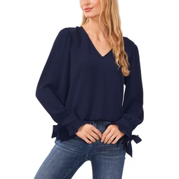 Womens Solid Long Sleeve V-Neck Tie-Cuff Blouse