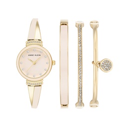 Womens Gold-Tone Alloy Bangle with Pink Enamel Fashion Watch 33.5mm and Bracelet Set