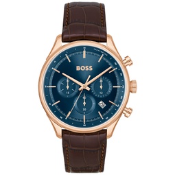 Boss Mens Gregor Quartz Chronograph Brown Mock Genuine-Grained Leather Strap Watch 45mm