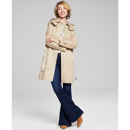Womens Petite Hooded Belted Trench Coat