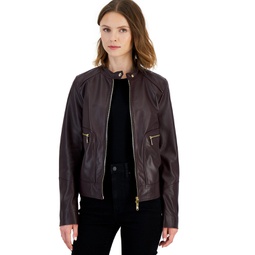 Womens Leather Snap-Collar Jacket