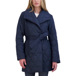 Womens Belted Asymmetrical Quilted Coat
