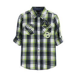 Big Boys Embroidered Logo Patches Plaid Button Up Woven Shirt
