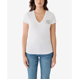 Womens Short Sleeve Crystal Box Horseshoe Logo V-neck T-shirt