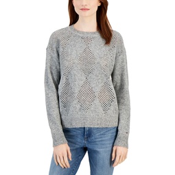 Womens Open-Stitch Argyle Metallic Sweater