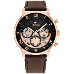 Mens Multifunction Brown Leather Strap Watch 44mm