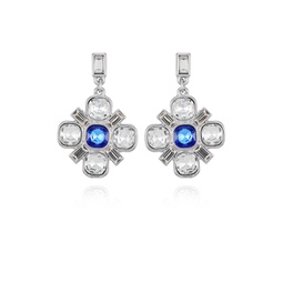 Silver-Tone Blue And Clear Glass Stone Flower Drop Earrings