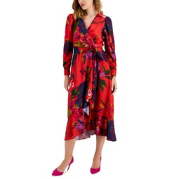Womens Floral Faux-Wrap Long-Sleeve Midi Dress