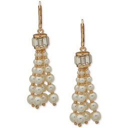 Gold-Tone Imitation Pearl & Stone Baguette Tassel Drop Earrings