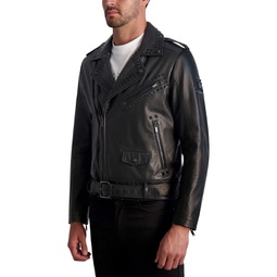 Mens Slim Fit Studded Leather Asymmetrical Zip Front Biker Jacket