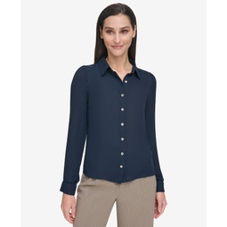 Womens Pleated-Sleeve Button-Front Top