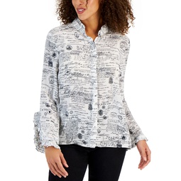 Womens Printed Bell-Sleeve Button-Front Top