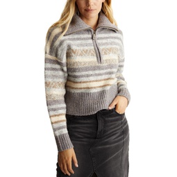 Womens Fair-Isle Striped Half-Zip Draped-Collar Sweater